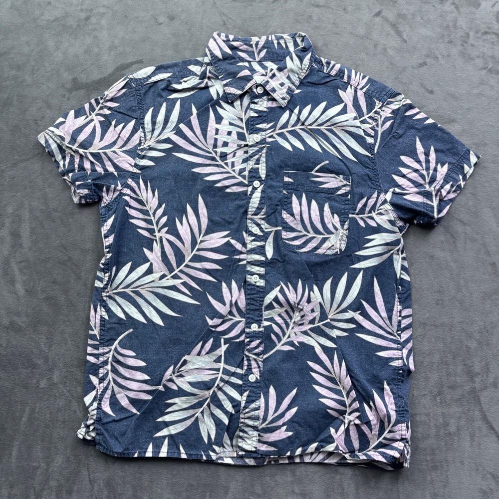 American Eagle Mens Medium Navy Blue Pink Tropical Palm Leaf Short Sleeve Shirt